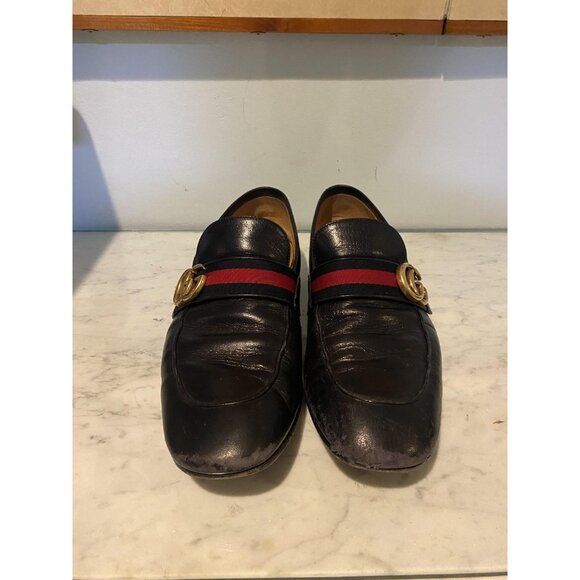 Gucci Loafers Shoes Mens Size 8.5 Leather Web Stripe Gold Bit Made Italy 428609 - Picture 2 of 7